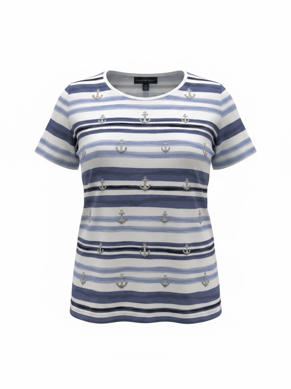 Karen Scott Blue and White Striped Anchor Tee-Size XL- nautical-beach-coastal